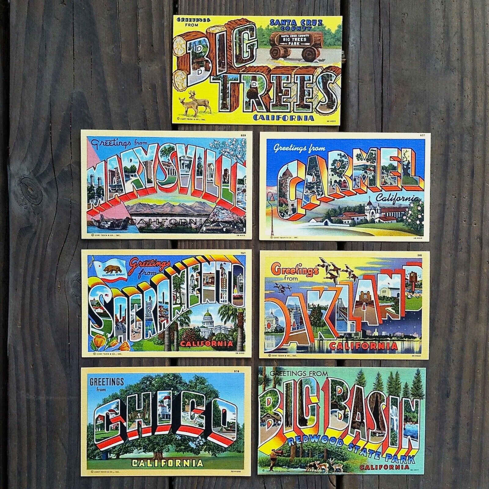 7 Diff Vintage Original 1930s CALIFORNIA BIG LETTER Greetings From Postcards NOS