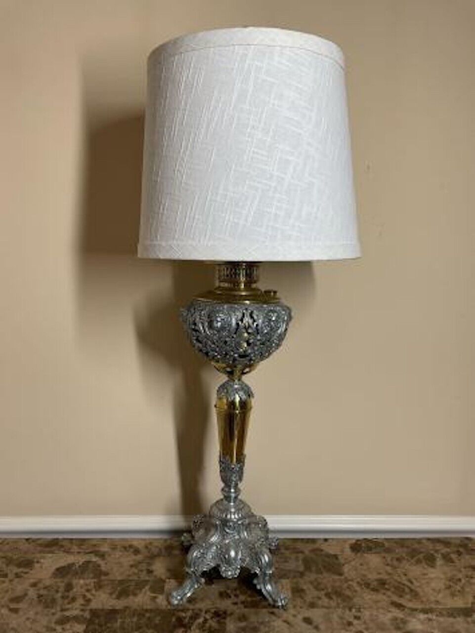 Antique Ornate Single-Bulb Electric Silver And Gold Tone Table Lamp