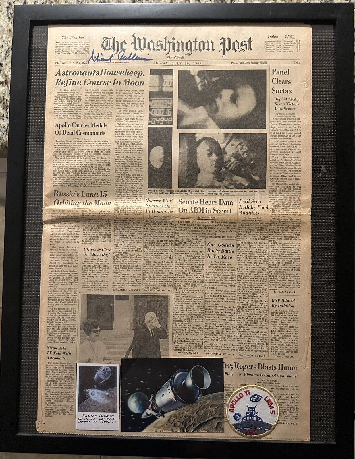 Michael Collins Signed Wash Post 7/18/69.  COA Nova Space w photos/patch Framed
