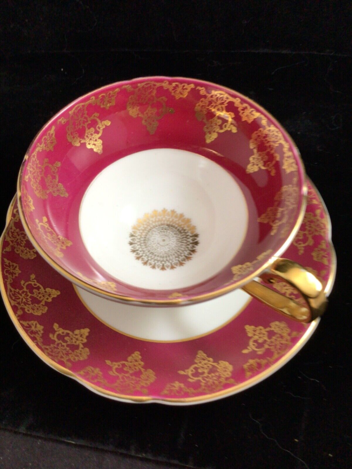 Stanley Fine Bone China Teacup and Saucer Burgundy Red with Gold Filigree