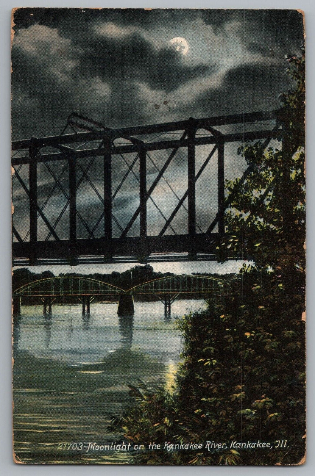 Postcard 1908 Moonlight on Kankakee River, Kankakee, Illinois - Bridges