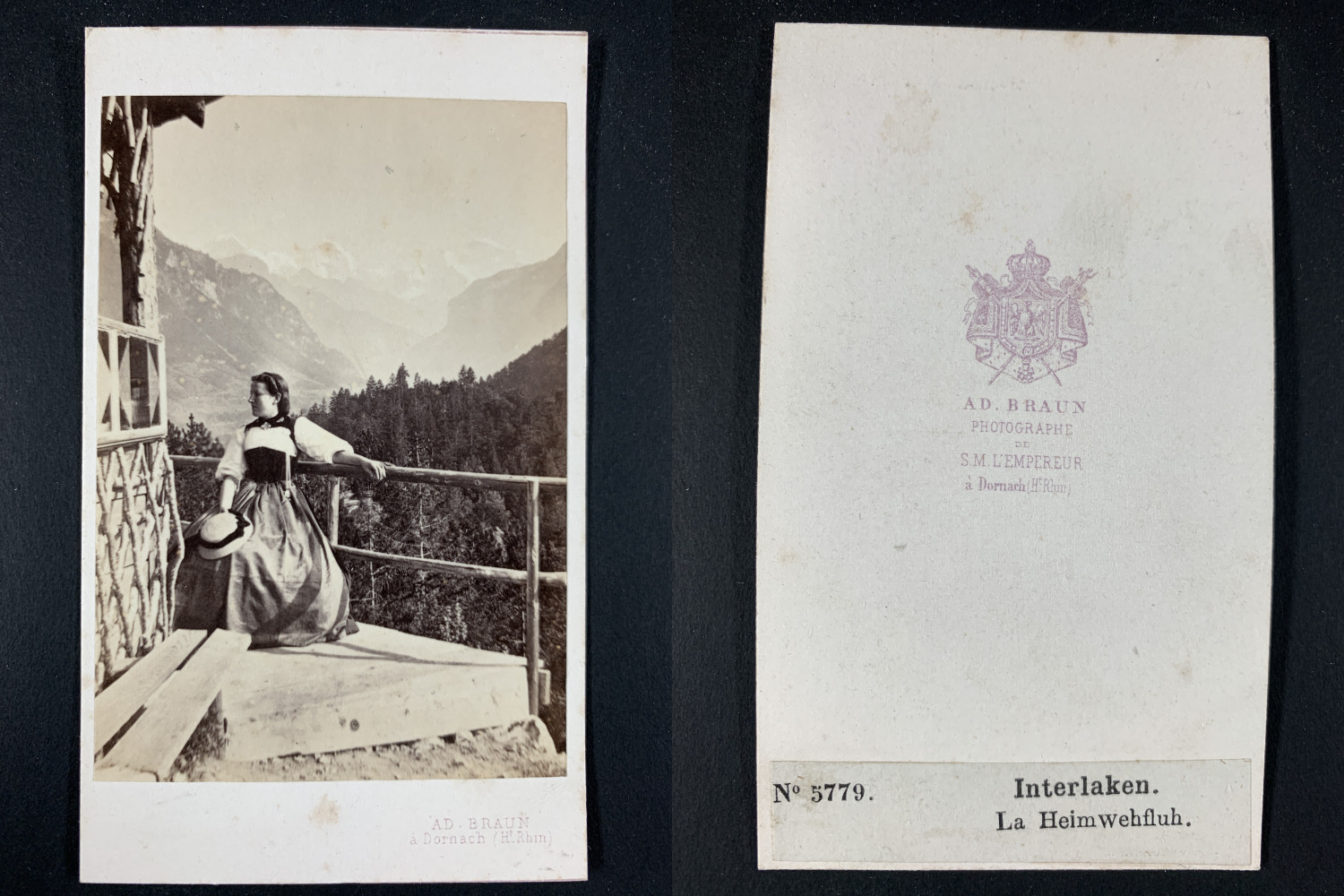 Ad. Braun, Switzerland, Interlaken, One Woman in Traditional Costume Vintage cdv alb