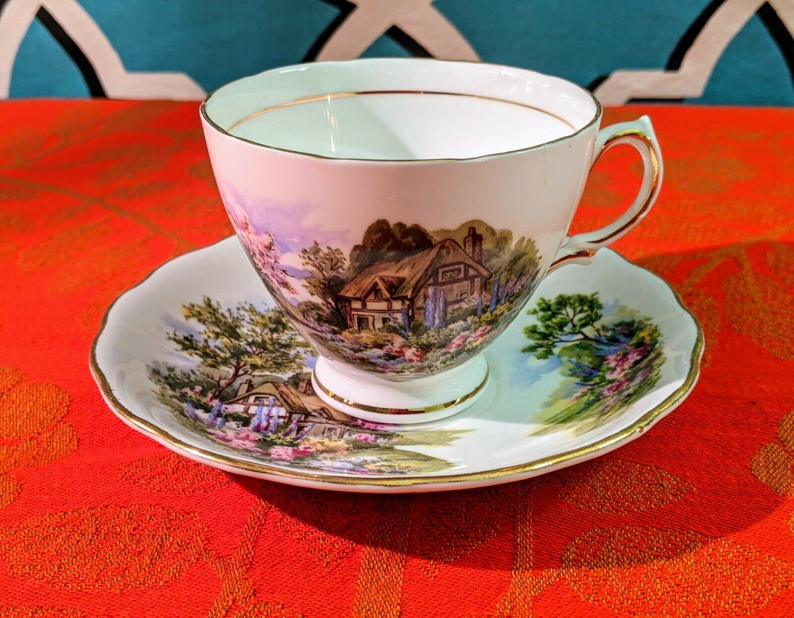 Vintage Royal Vale garden cottage tea cup saucer fine bone china England floral