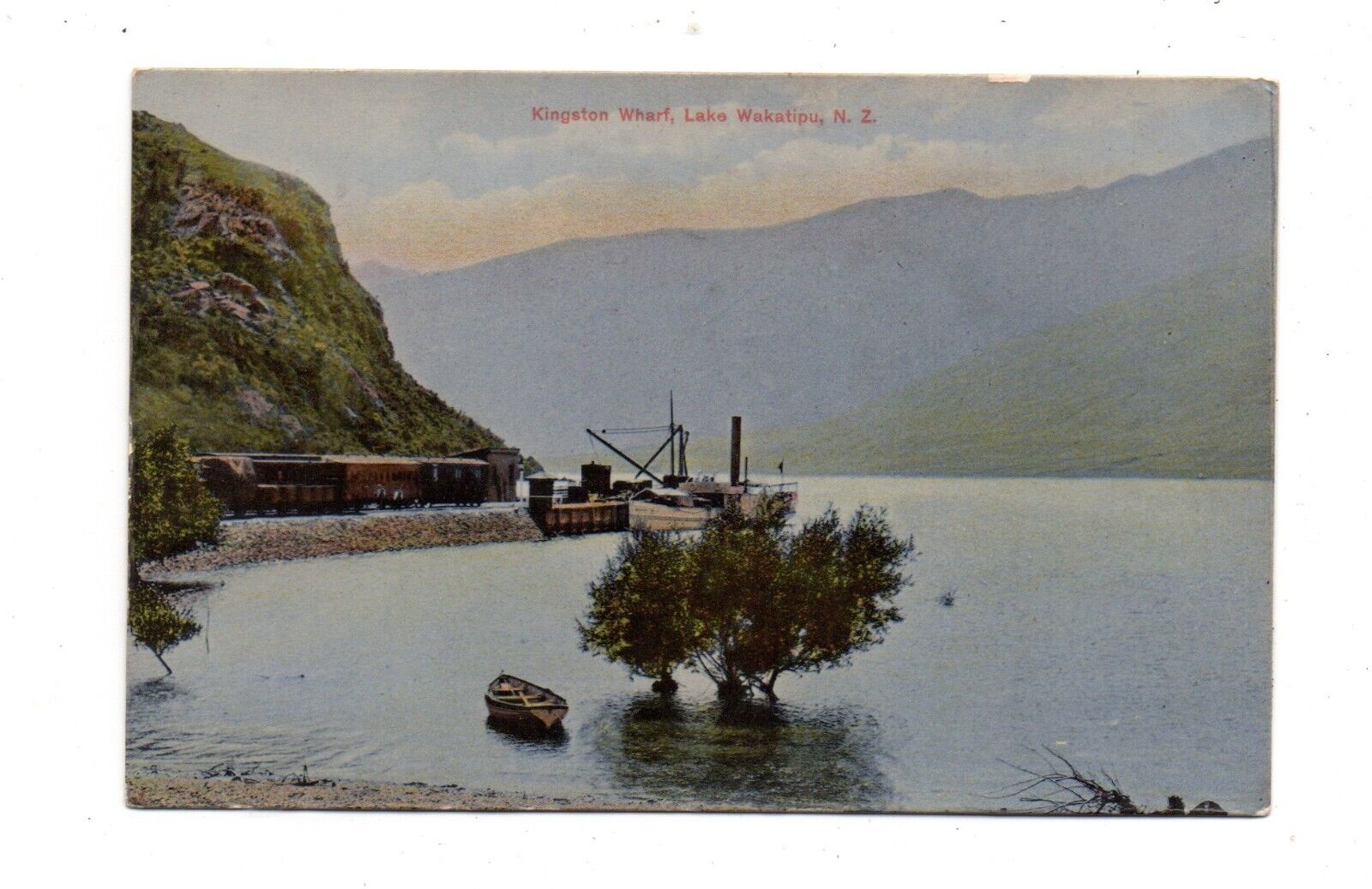 LAKE WAKATIPU, SOUTH ISLAND, NZ ~ KINGSTON WHARF, SHIP, FERGUSSON PUB ~ 1910s