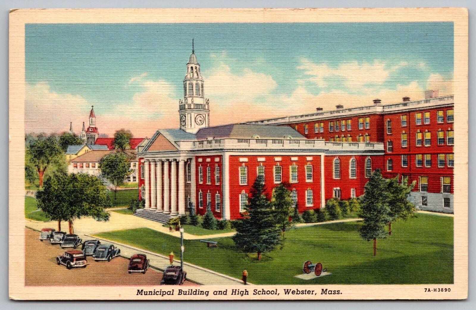 Municipal Building High School Webster Massachusetts Clock Tower Linen Postcard