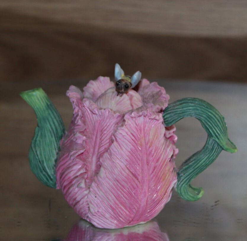 rose bud miniature teapot with lid 1990\'s dollhouse display flowers RARE EUC
