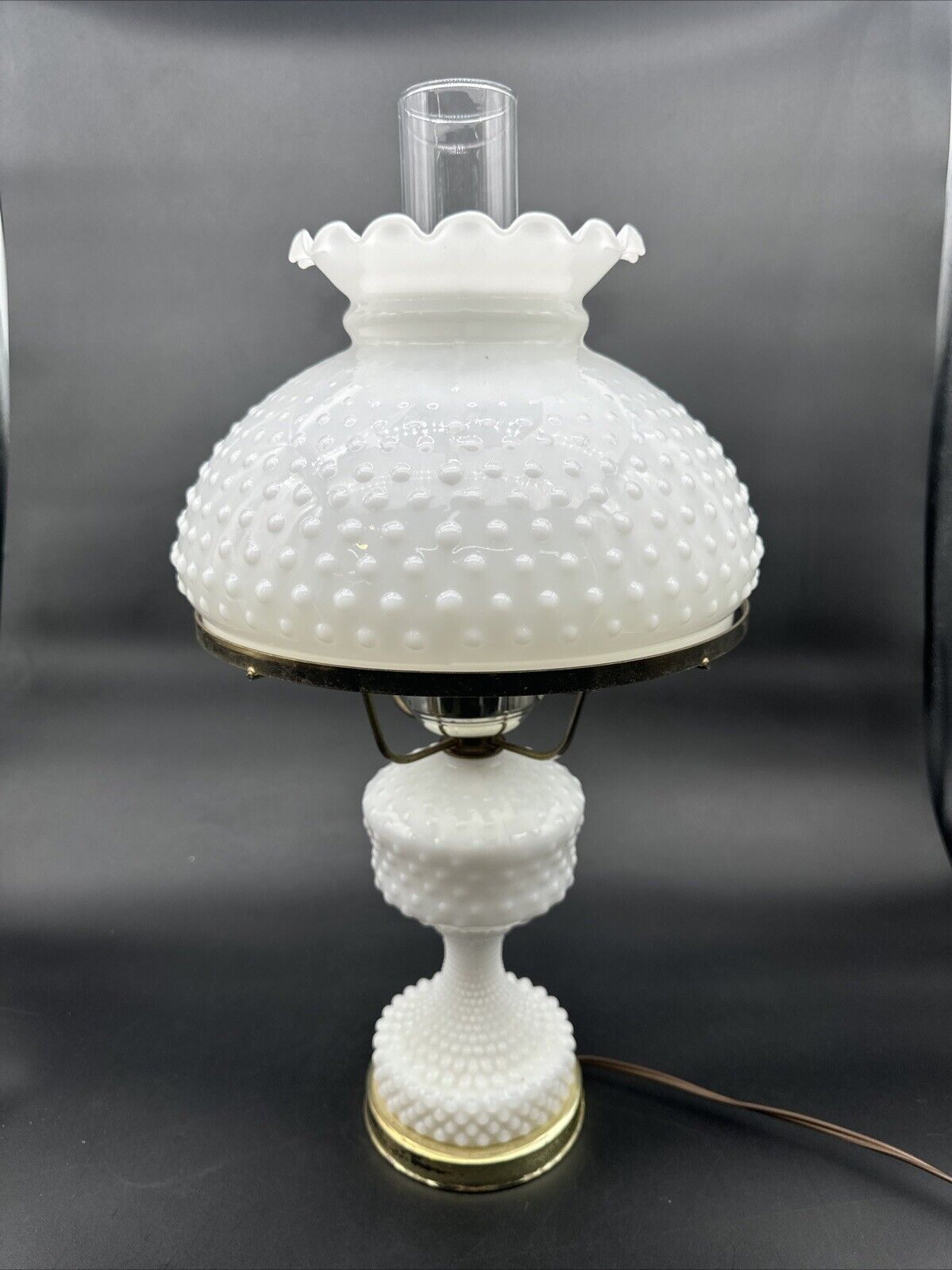 Vintage HOBNAIL White Large Hurricane Lamp Milk Glass Table Parlor Lamp
