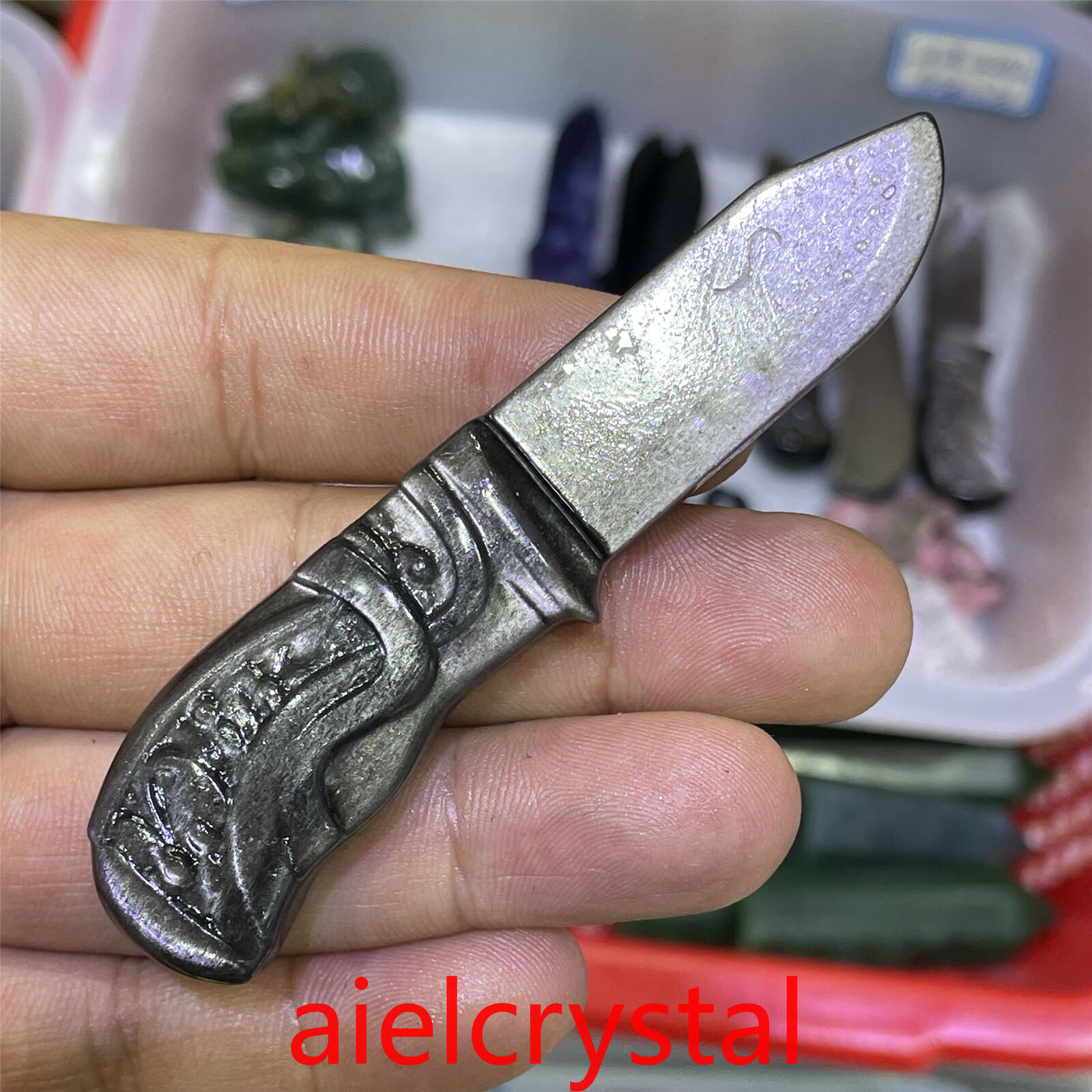 1pc Natural silver Obsidian Knife Carved Quartz Crystal Polishing Reiki 70mm+