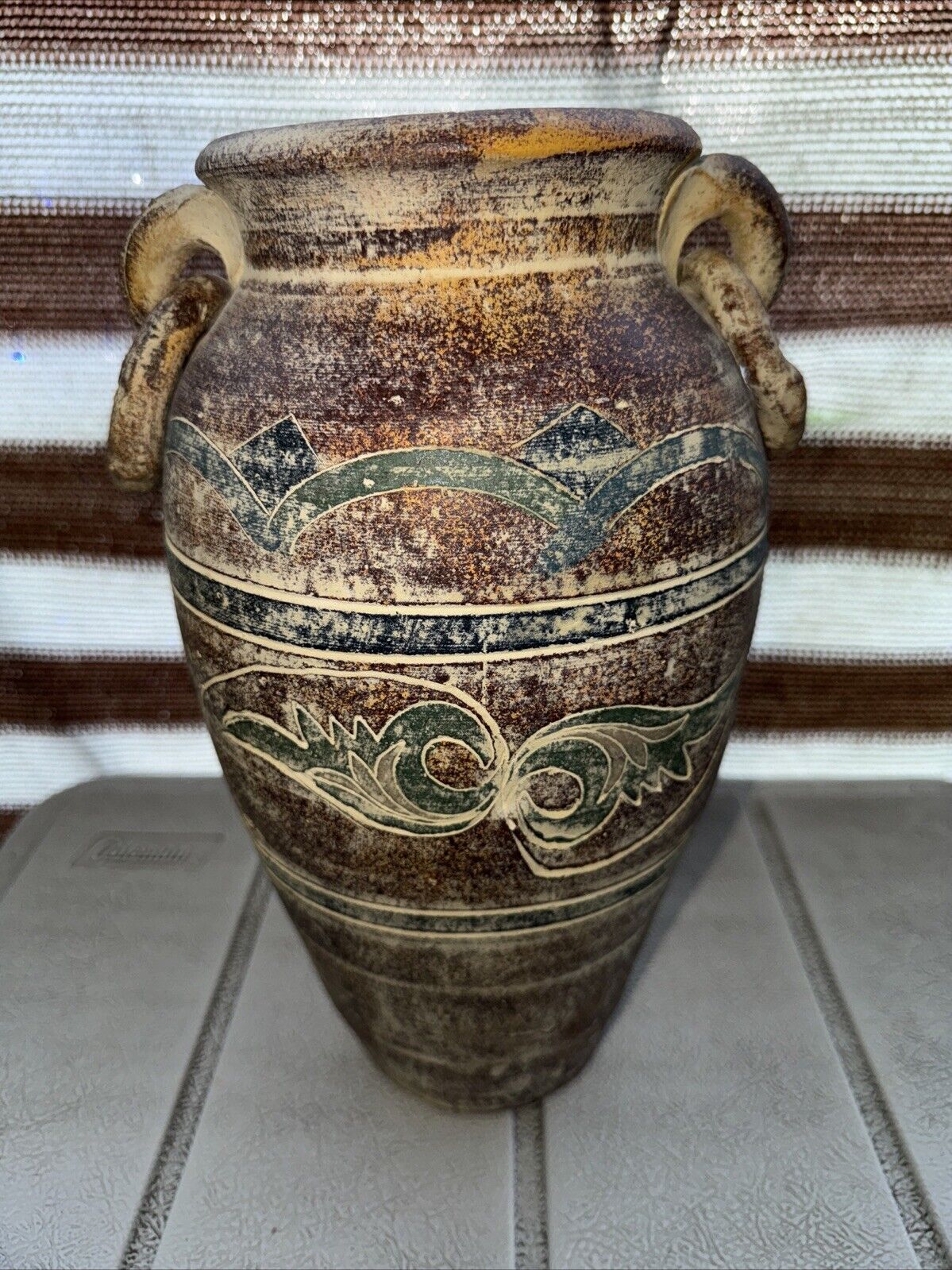 Vintage Multicolor Greek Replica Amphora Style Double-Handle Vase Pottery 12”