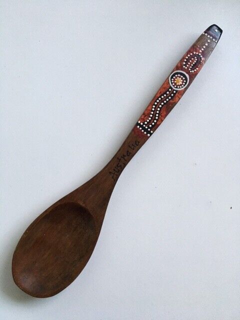 Vintage Serving Wooden Spoon Australia Aboriginal Art Dot Painted Souvenir 12\