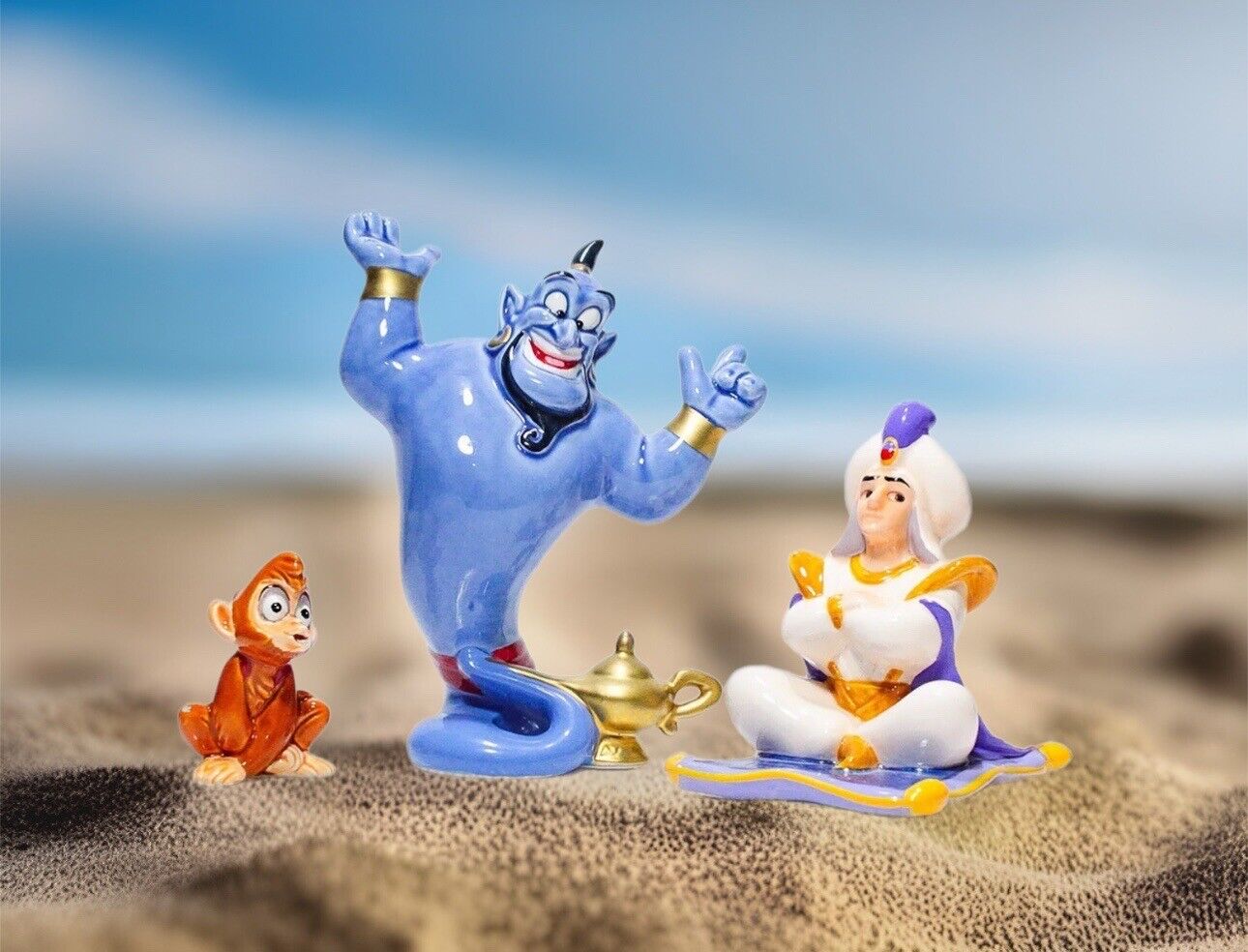 3 Pcs Vintage Disney Japan ALADDIN Ceramic Figurines (Genie, Abu, Aladdin)
