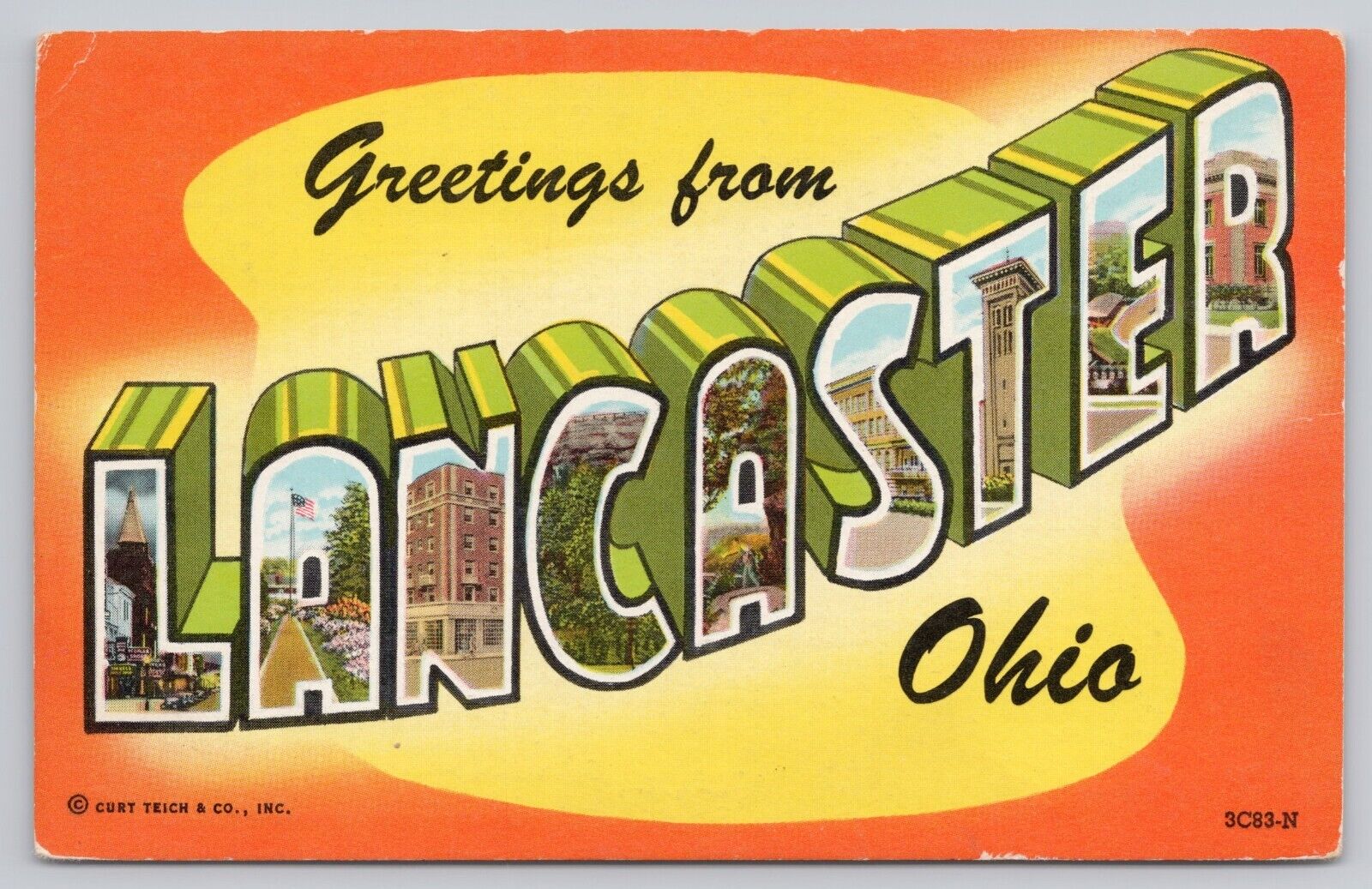Lancaster Ohio, Large Letter Greetings, Vintage Postcard