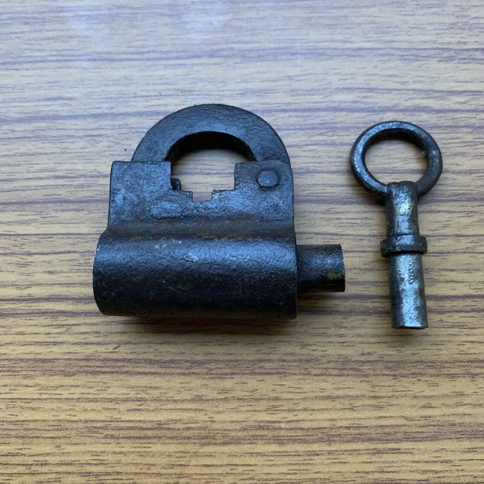 Antique or old Iron SCREW TYPE padlock or lock w/ Original key primitive shape.