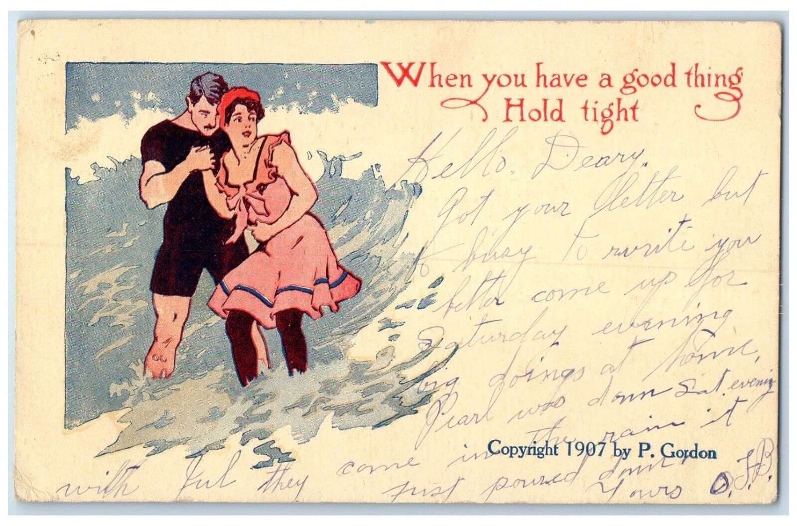 1908 Couple Romance On Beach Surf Hold Tight St. Paul Minnesota MN Postcard