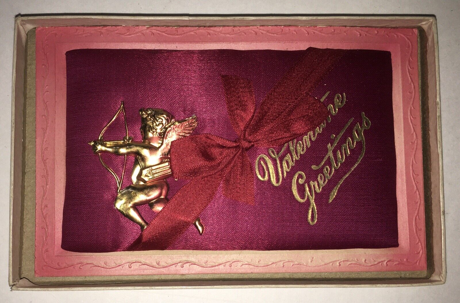Vintage Valentine POSTCARD Greetings CARD 3D Embossed PADDED with CUPID - BOXED