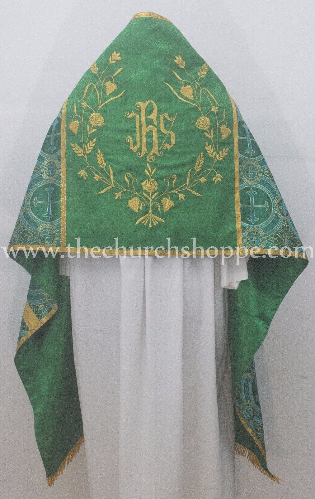 Metallic Green With Marian Blue Humeral Veil with IHS embroidery,voile huméral
