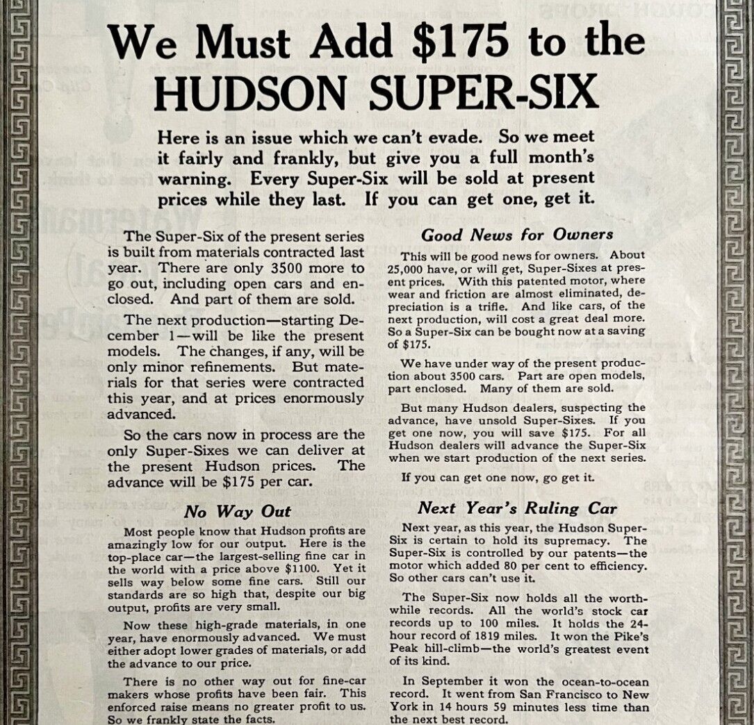 1916 Hudson Super Six Automobilia Advertisement Motor Car 9.5 x 7\