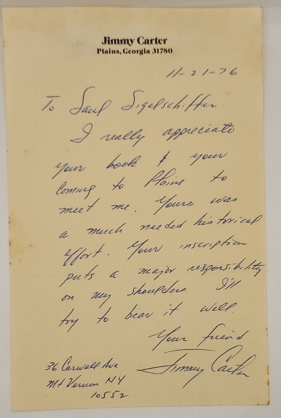 Jimmy Carter Handwritten Letter To Abraham Lincoln Historian Saul Sigelschiffer 