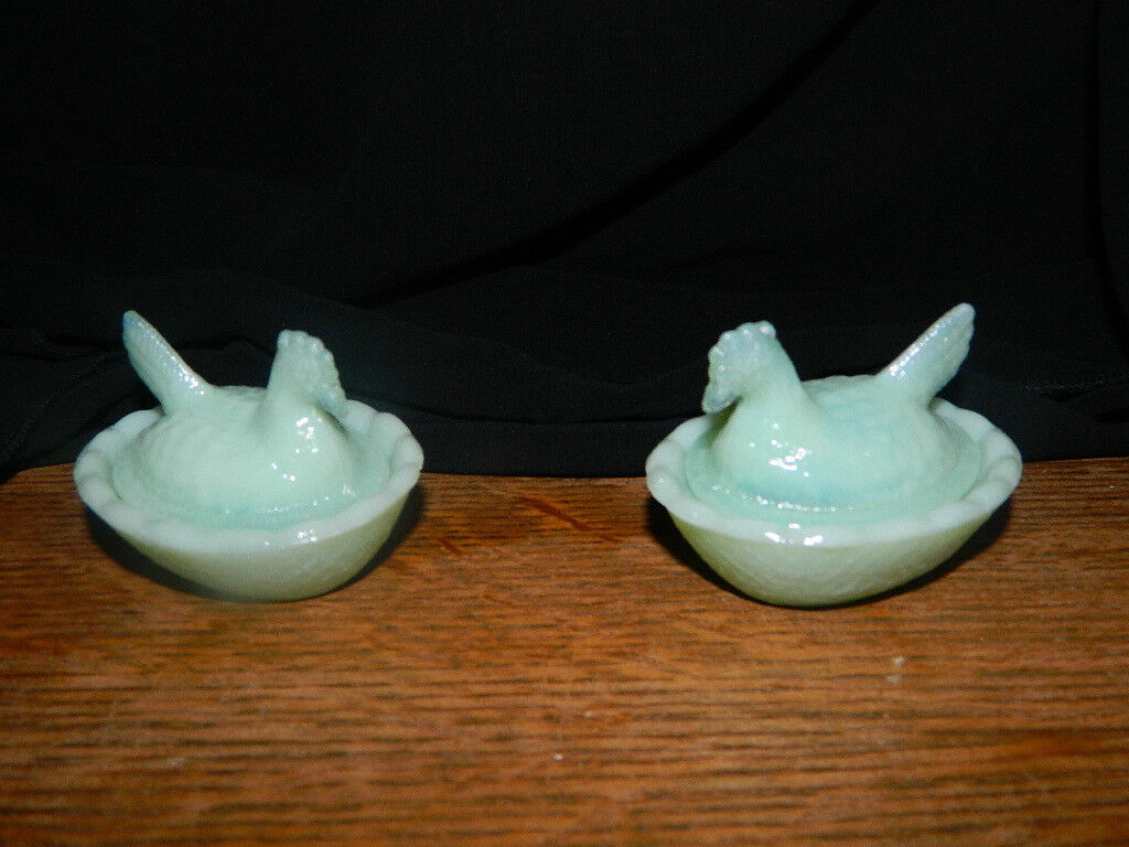 Set/2 Jadeite Jade Milk Glass Hen On Nest Open Salt Dish Cellar Dishes Glass