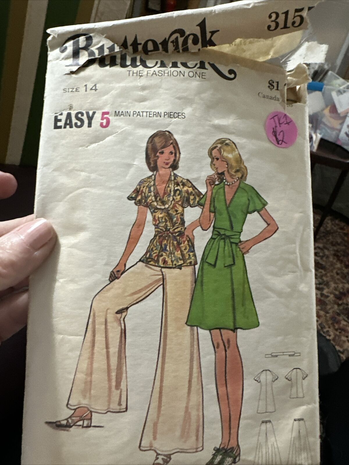 Butterick pattern 3157 Miss Size 14 Dress Top Pants Belt Cut Complete Vintage