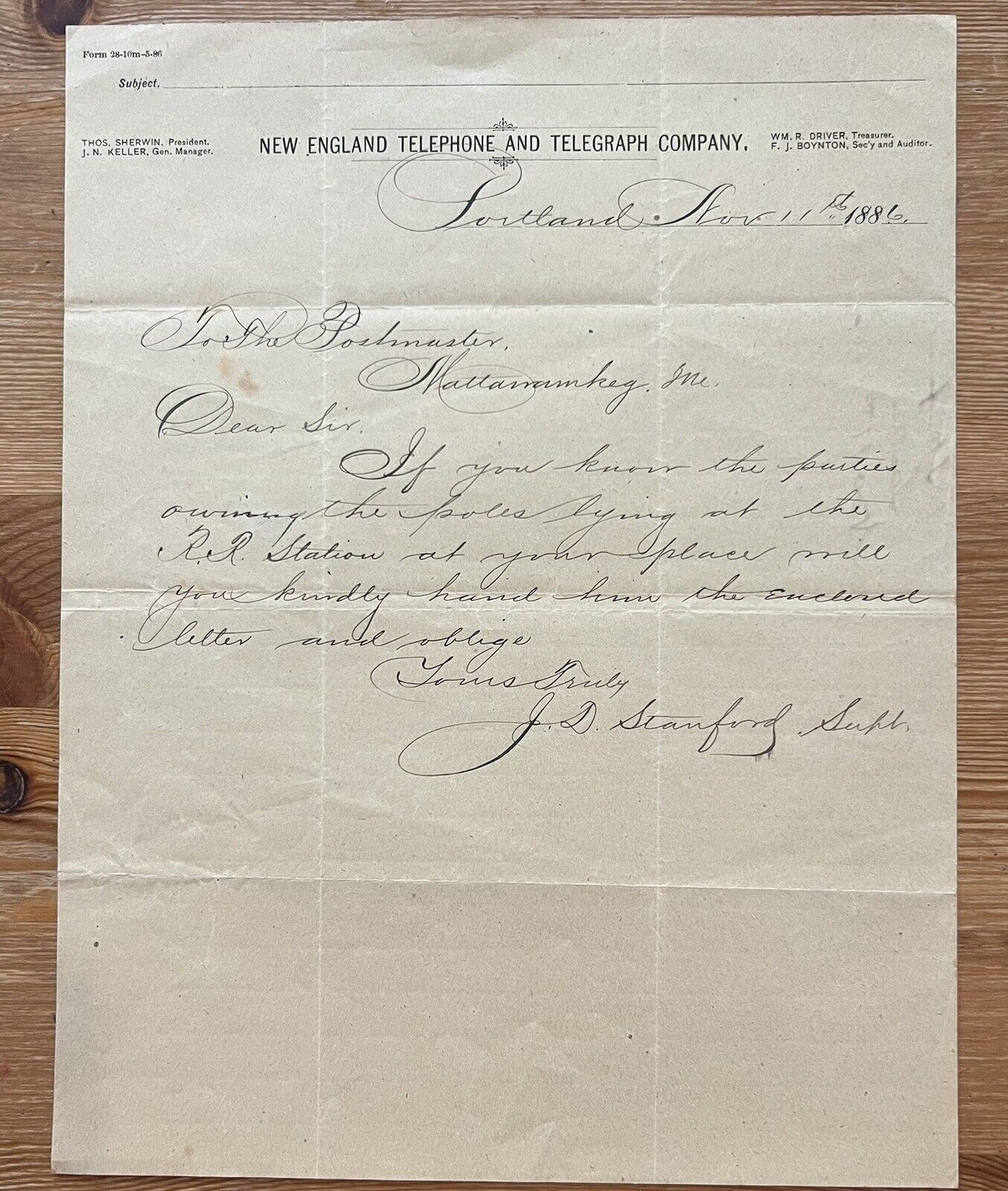 ATQ 1886 Letterhead NEW ENGLAND TELEPHONE & TELEGRAPH COMPANY Portland ME