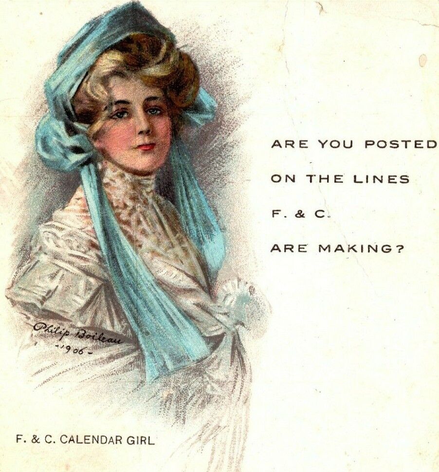 C.1906 Philip Boileau Signed. Flood & Conklin Co Advertising. Calendar Girl. VTG