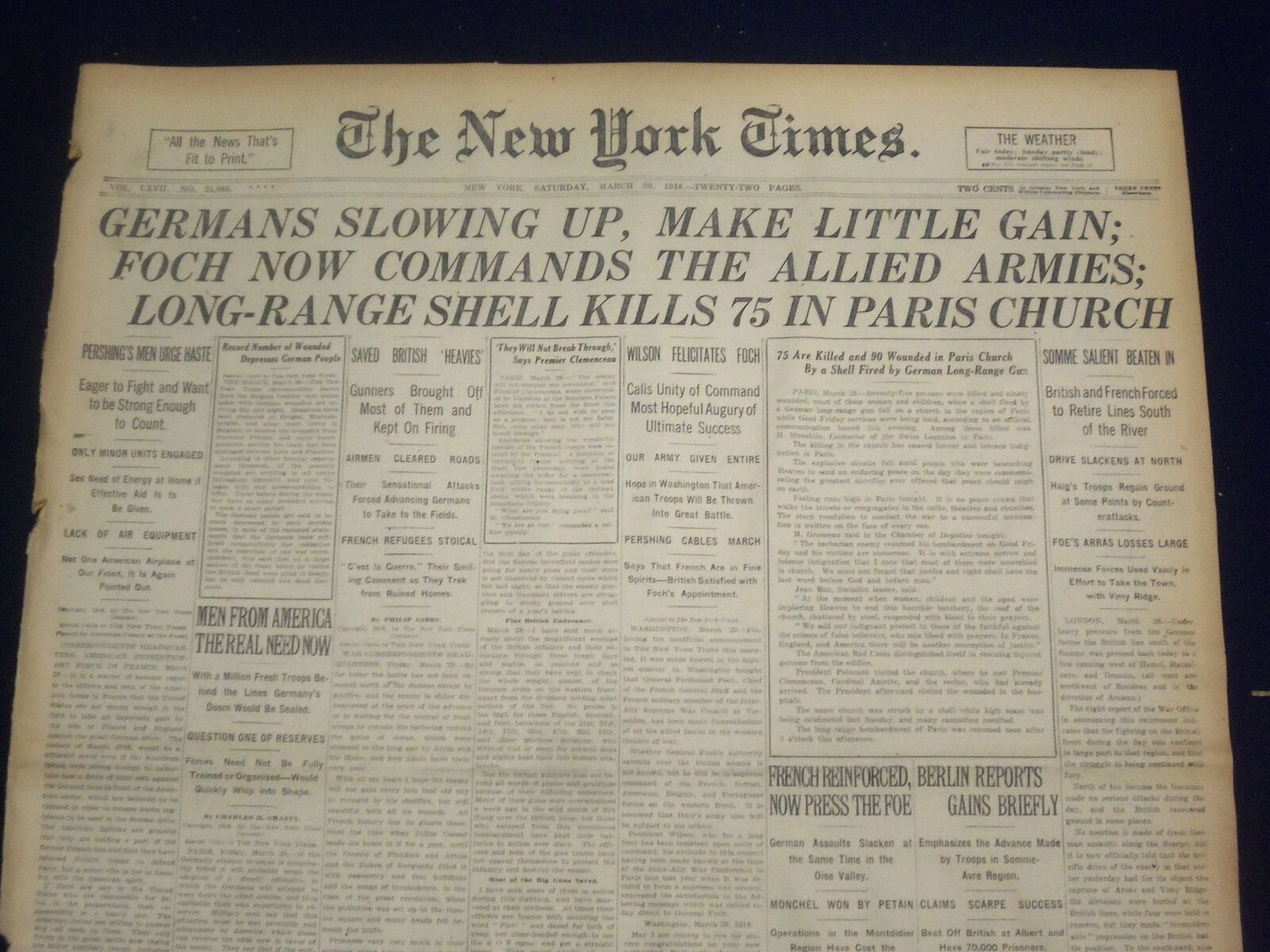 1918 MARCH 30 NEW YORK TIMES - FOCH NOW COMMANDS ALLIED ARMIES - NT 8155