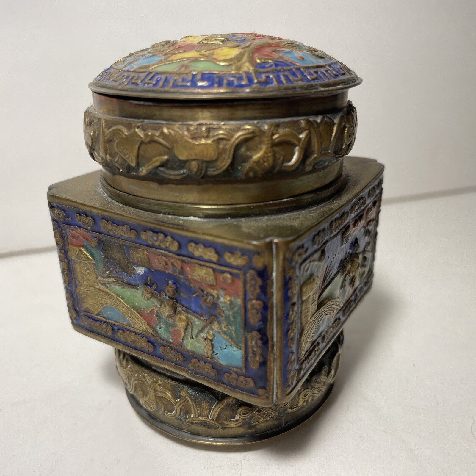 Vtg Antique Chinese Brass & Cloisonne Enamel Tea Caddy Box Donkey Bridge Rider