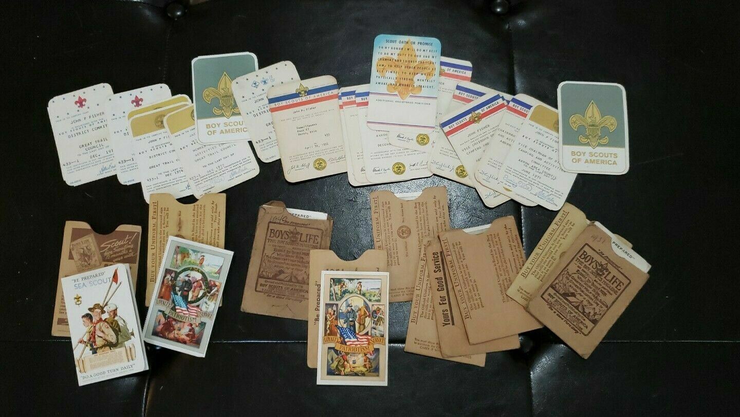 Lot of 32 Boy Scouts ID cards 1931-1978 for Jack/John Fisher