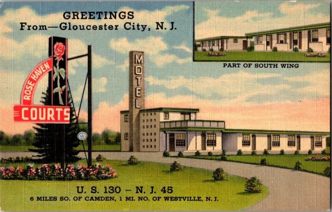1940'S. GLOUCESTER CITY, NJ. ROSE HAVEN COURTS. POSTCARD SZ20