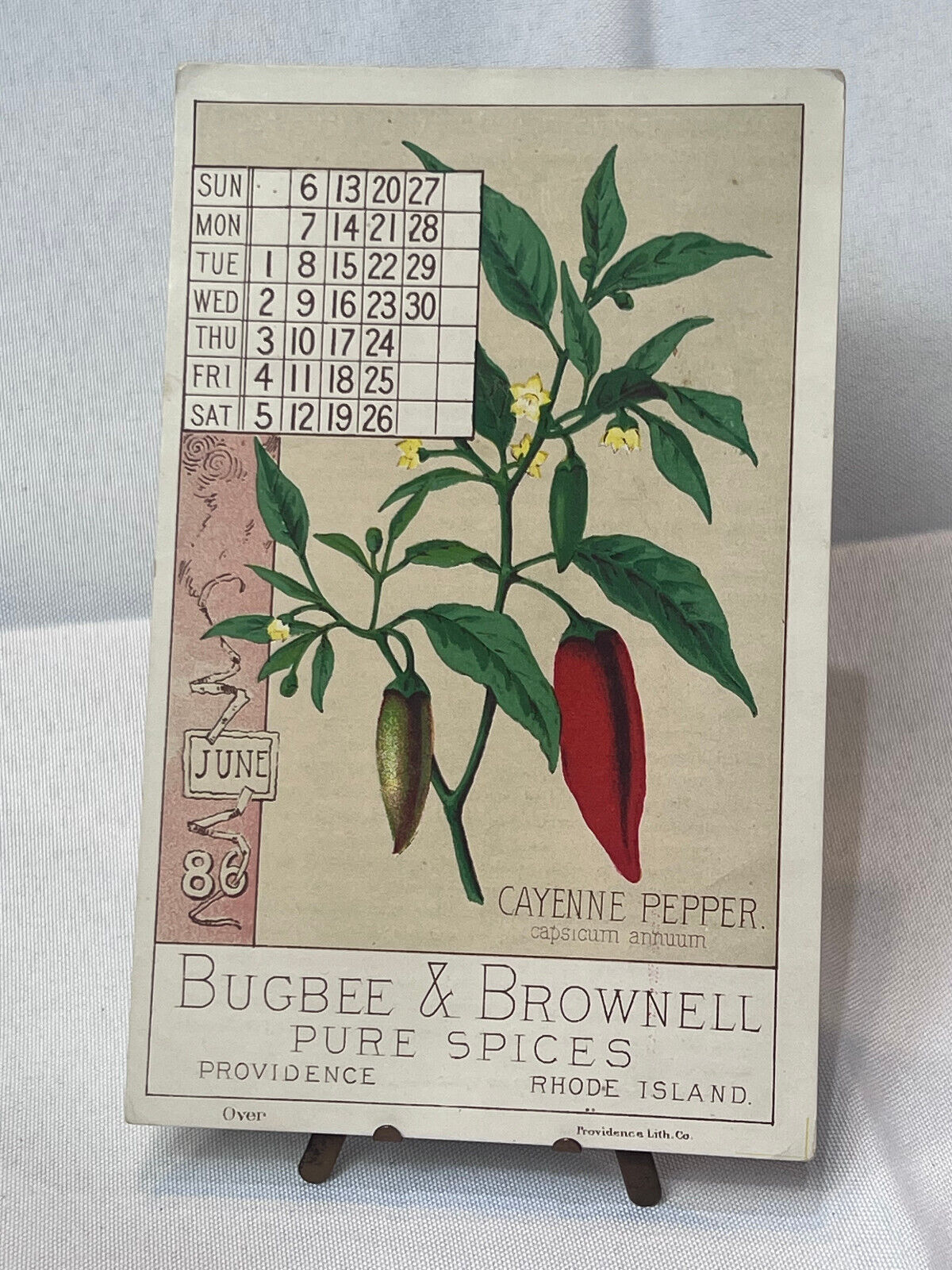 Atq Trade Card Bugbee & Brownell Pure Spices Cayenne Pepper June 1886 Calendar