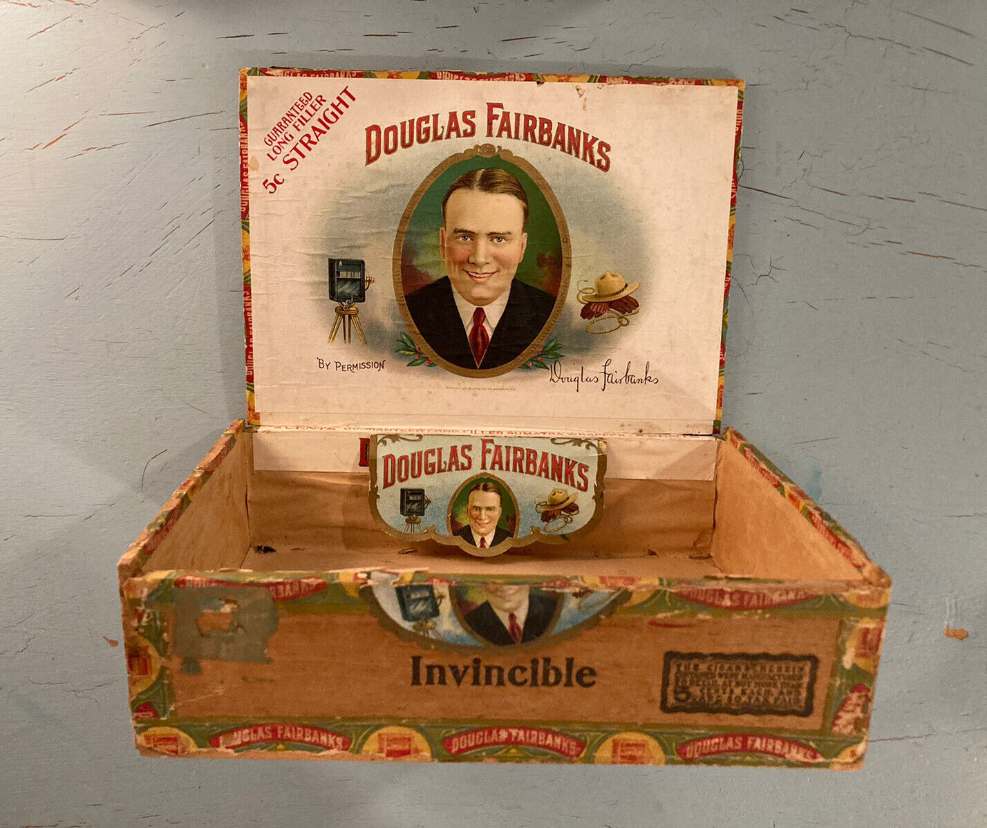 RARE - Antique DOUGLAS FAIRBANKS Wooden Cigar Box, Label, and Cigar Band