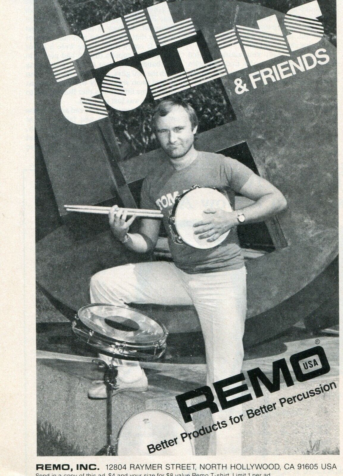 1985 small Print Ad of Remo Roto Toms w Phil Collins