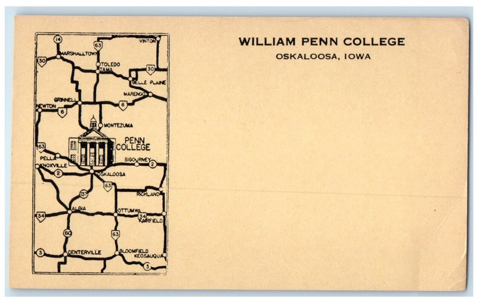 c1940 William Penn College Map Montezuma Oskaloosa Iowa Vintage Antique Postcard
