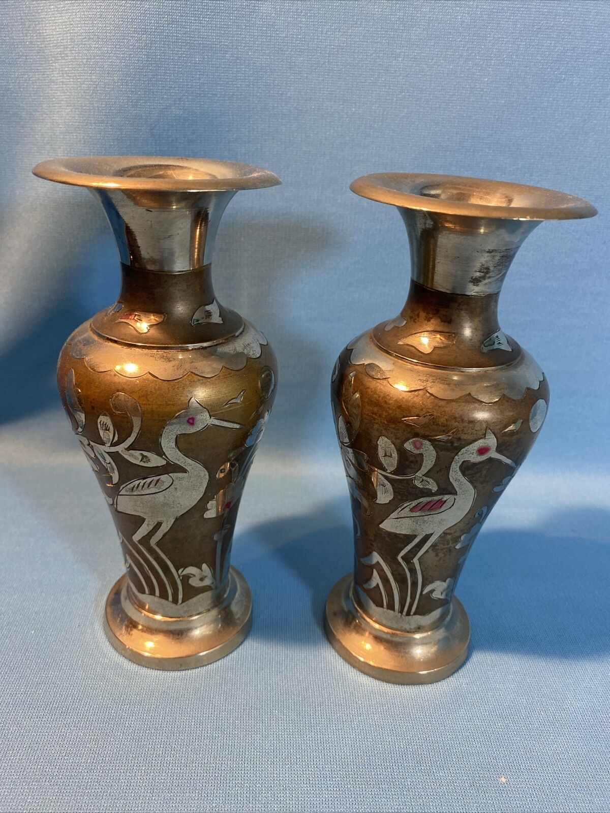 Vintage Set of Silver Bronze Brass Metal Etched Vases 6 3/4\