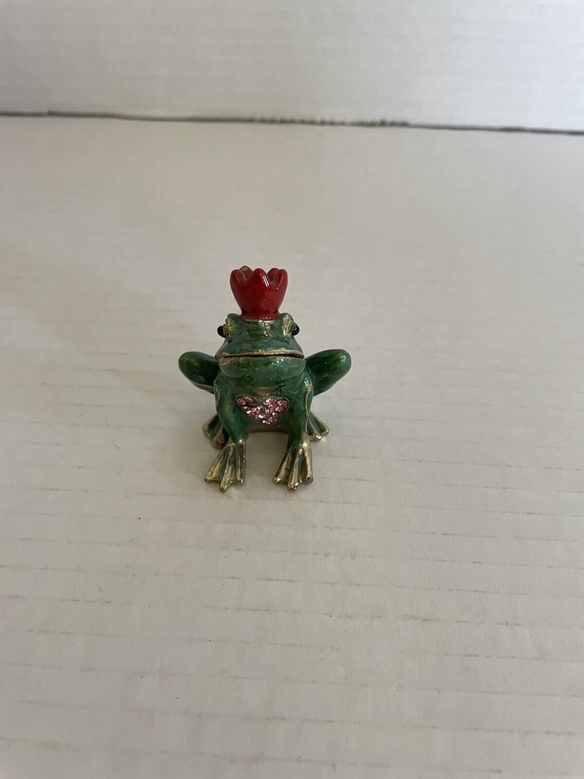 Vintage metal Trinket Jewelry Box enamel rhinestones Frog with red Crown