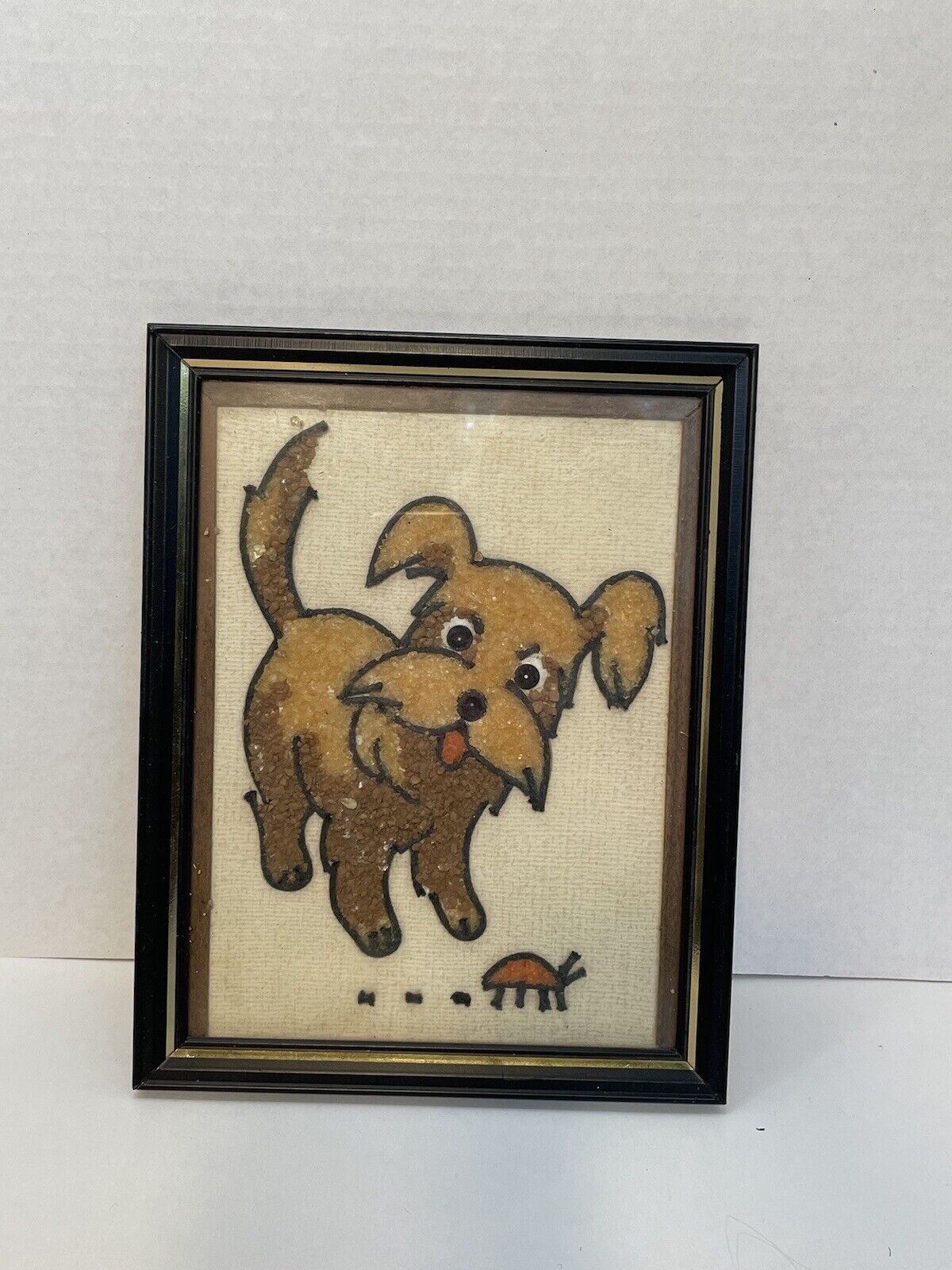 Vtg 60s Gravel Pebble Art Picture Nosey Puppy Craft Master Mosette 7x9.25\