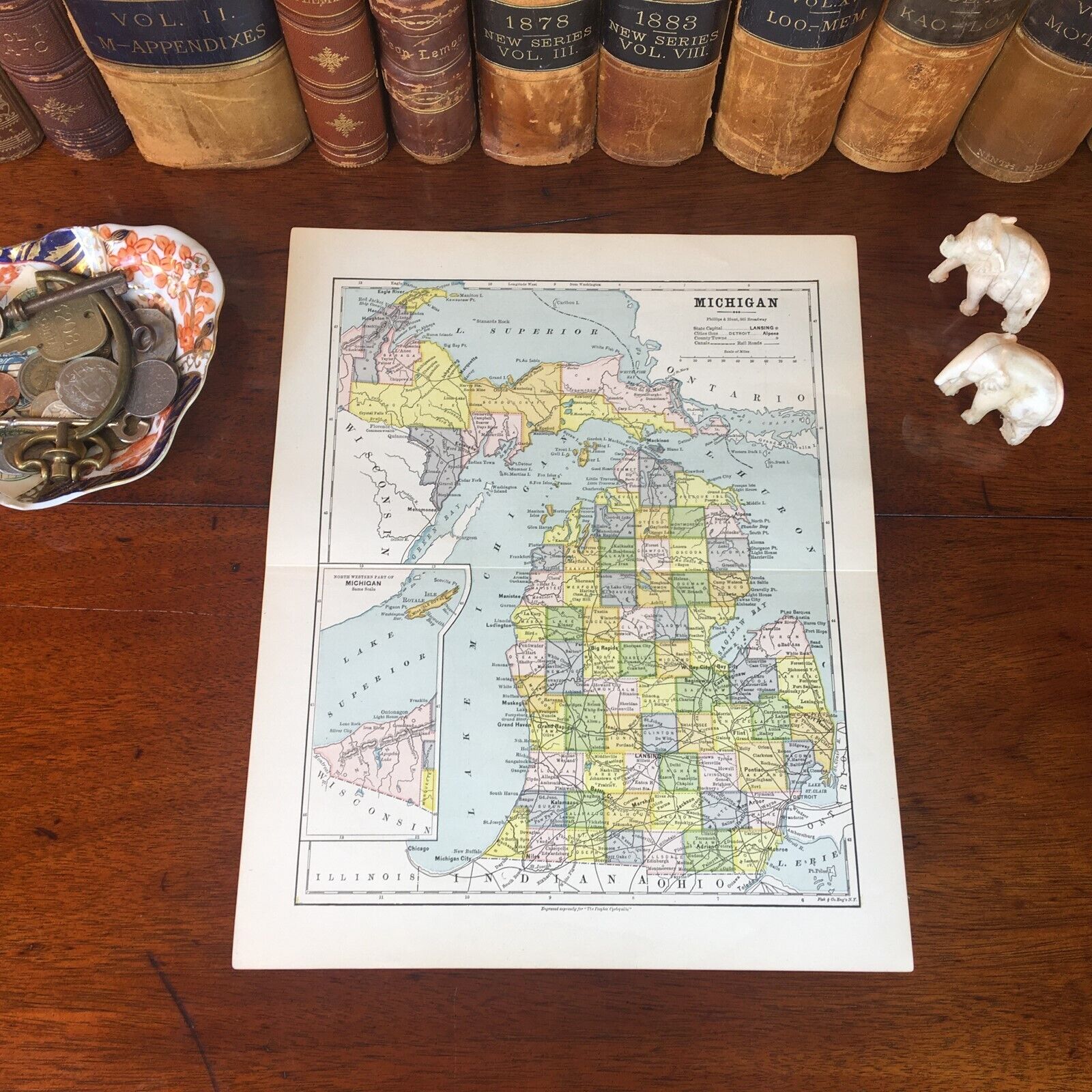 Original 1885 Antique Map MICHIGAN Lansing Warren Kalamazoo Dearborn Ann Arbor