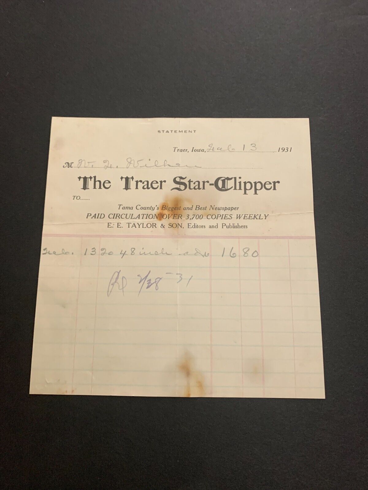 1931 The Traer Star-Clipper Tama Iowa Sales Receipt
