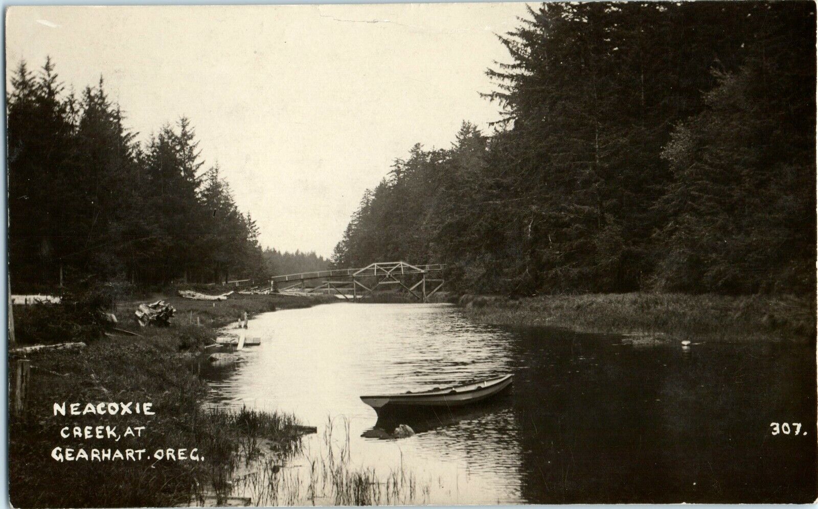 RPPC GEARHART OREGON 1911 BOAT & BRIDGE AT NEACOXIE CREEK CLATSOP COUNTY OR C9