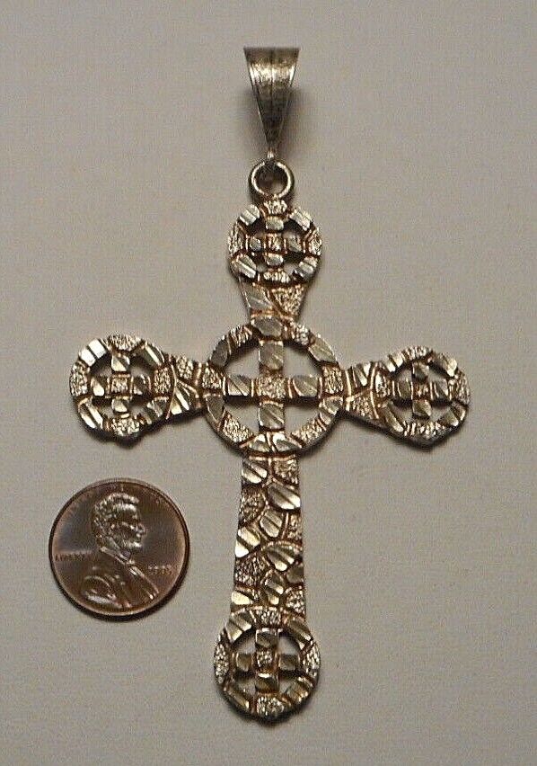 Big Vintage Sterling Silver Bright Cut Nugget Cross Pendant by 1 of a Kind 13.4g