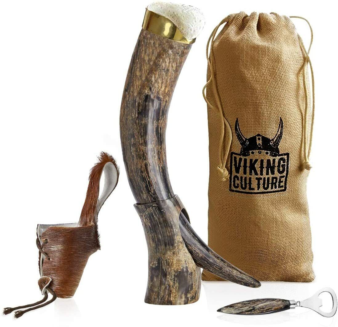 Viking Culture Horn Mug with Beer Opener, Stand, Genuine Fur Belt Natural