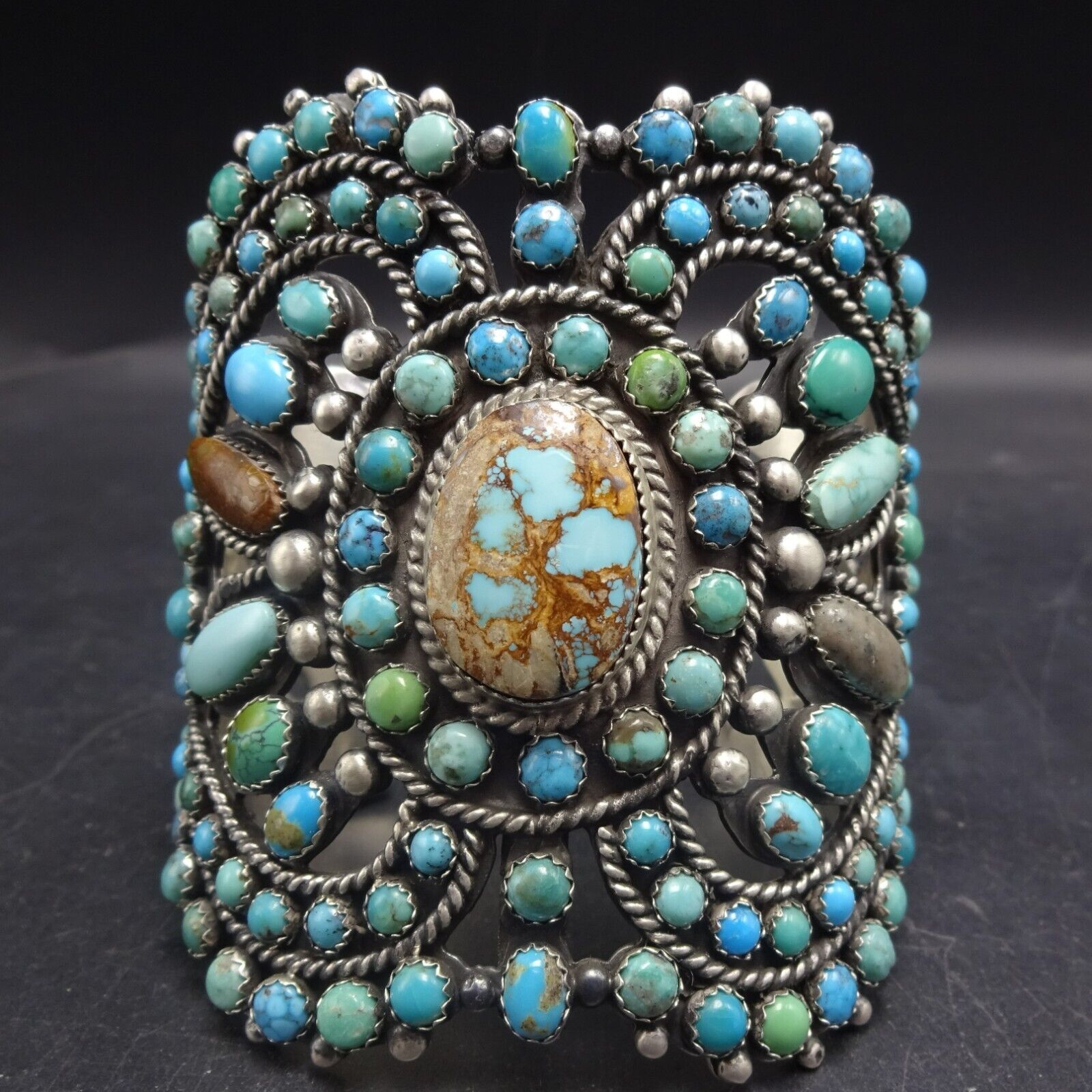 Magnificent RUSSELL SAM Navajo TURQUOISE Sterling Silver Cuff BRACELET Huge