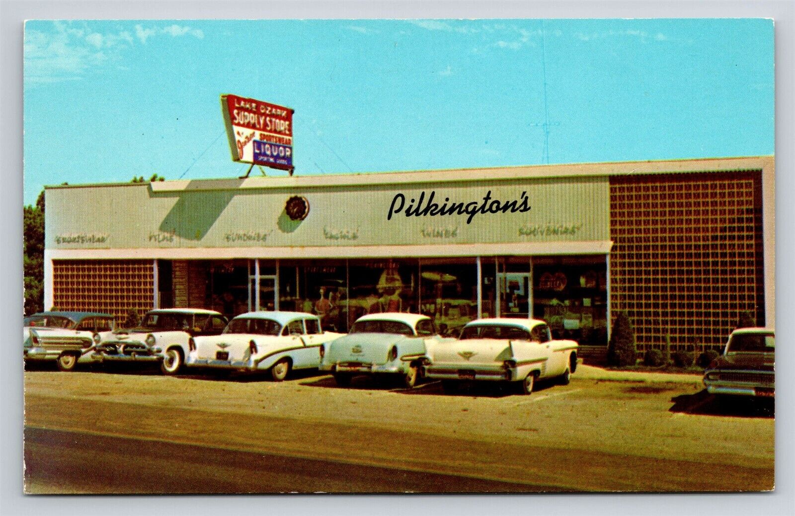 Bagnell Dam MO Pilkington's Supply Store Sign Old Car Lake of the Ozark Postcard