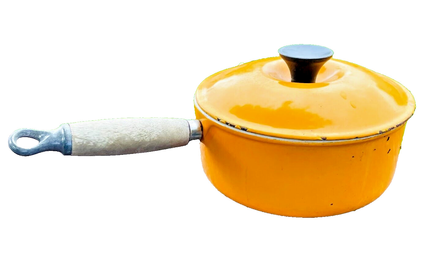 Vintage Yellow LE CREUSETTE #18 Sauce Pan w/Lid Wooden Handle Rare Old Cookware