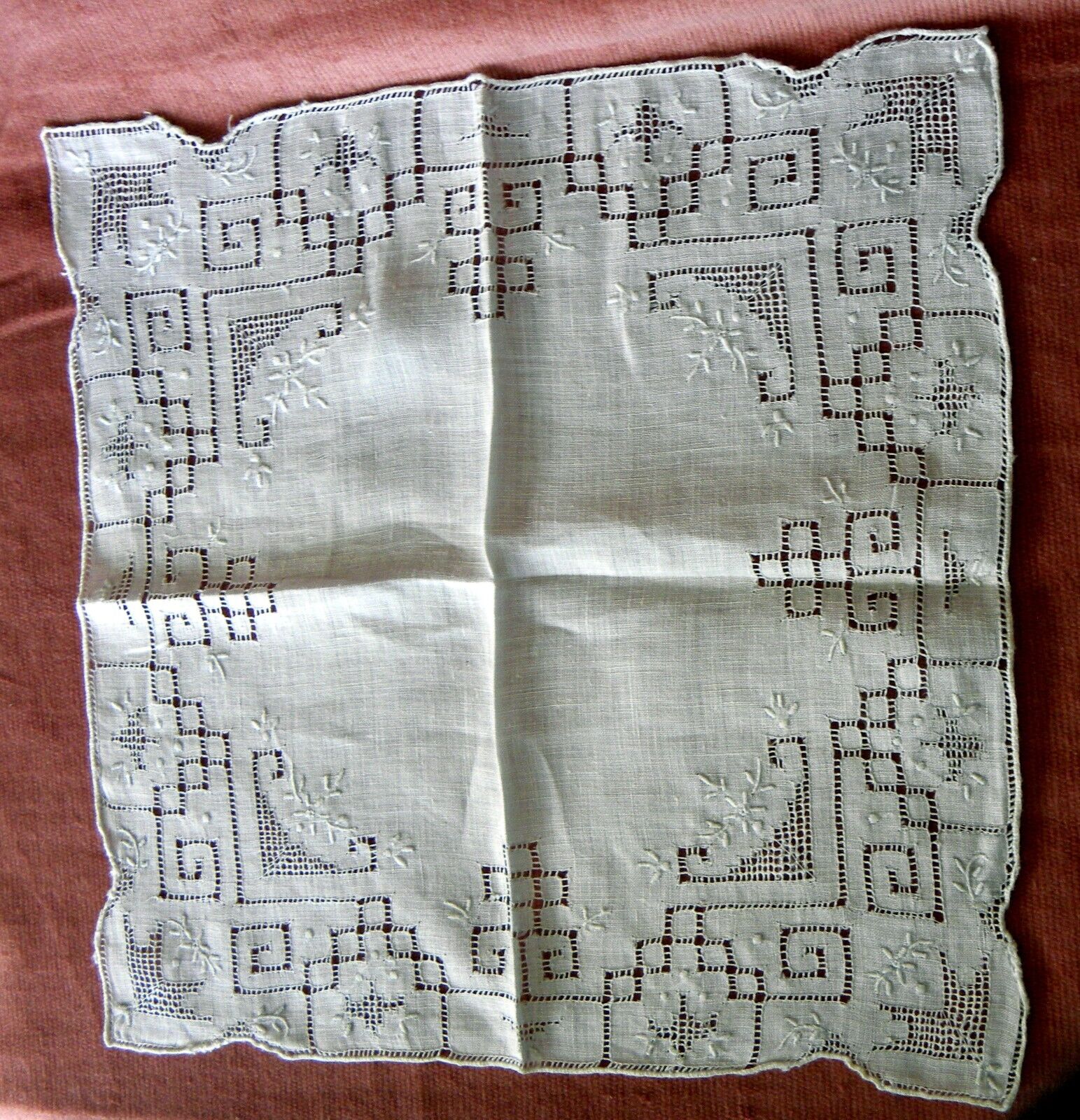 Vintage Cotton  HANKIE White On White EMBROIDERED Satin Stitch FLORAL Cutwork