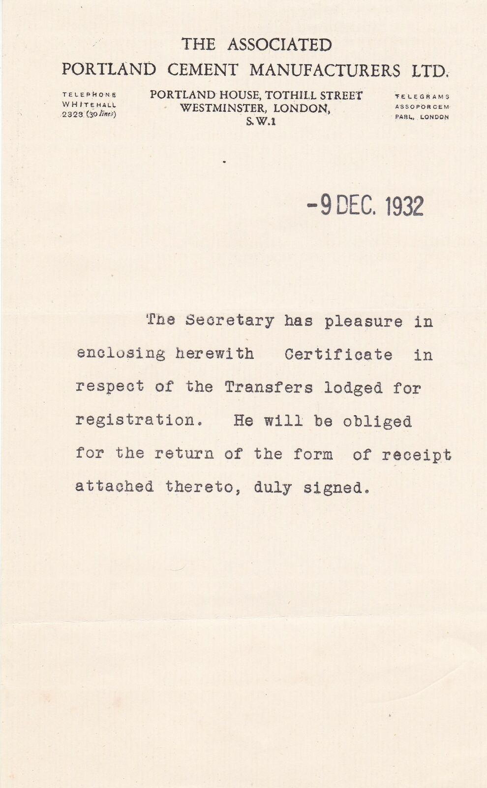 The ASSOCIATED PORTLAND CEMENT MANUFACTURERS LTD. 1932 Enclosing Letter Rf 46297