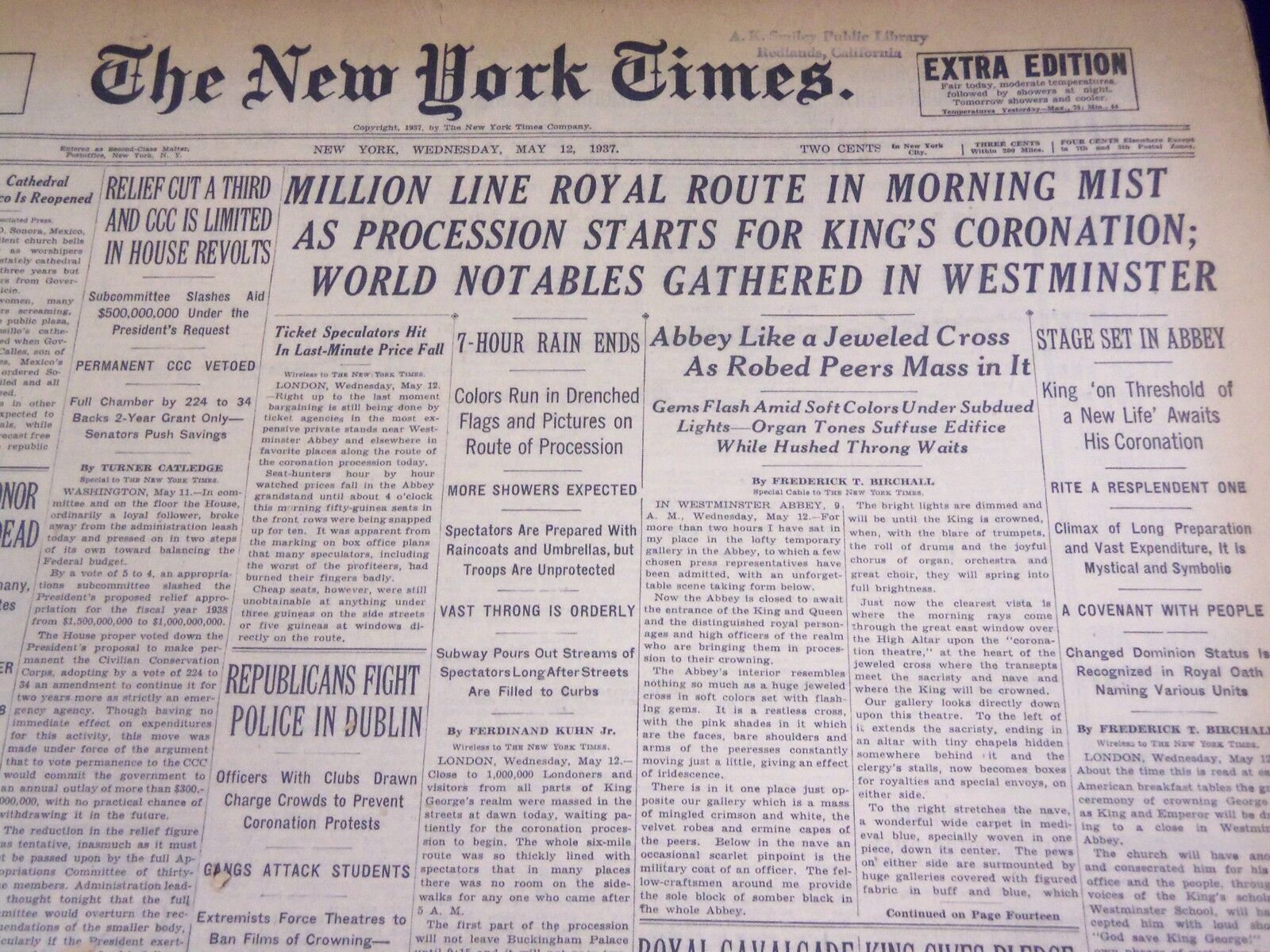 1937 MAY 12 NEW YORK TIMES - MILLION LINE ROYAL ROUTE IN MORNING MIST - NT 480
