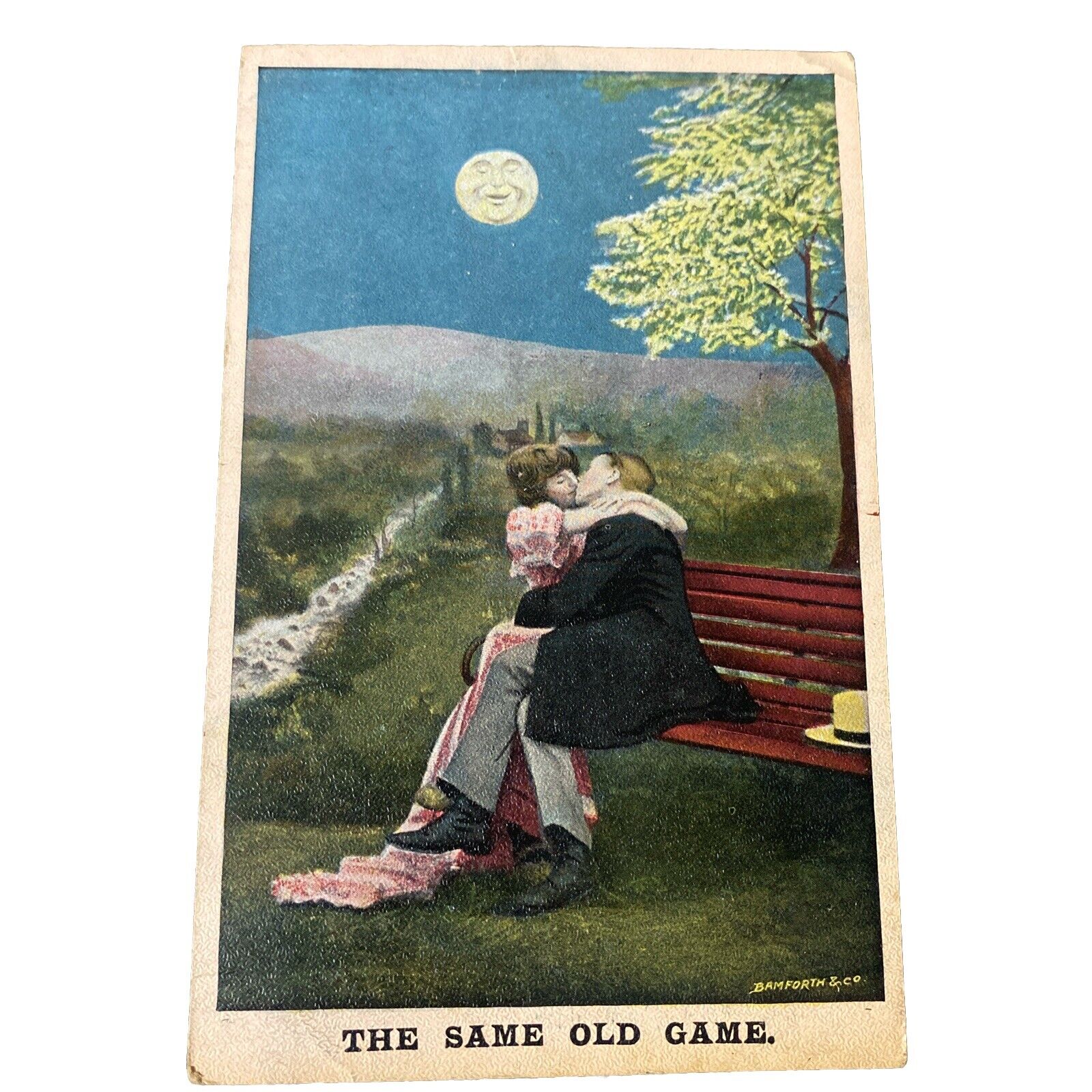 Postcard Romance Couple Kissing on Bench Same old game 1908 Vintage Connecticut