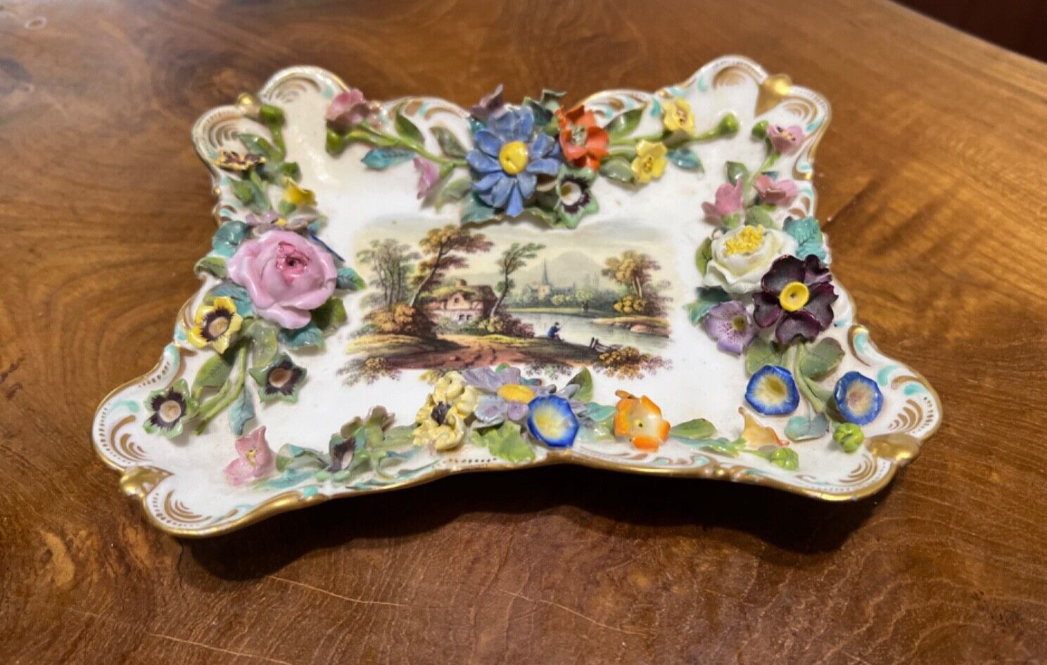 Antique Small Porcelain Meissen Style Painted Tray Raised Flowers